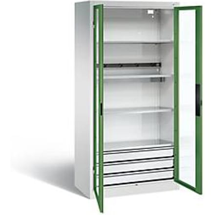 C+P Basic batterijlaadkast met kijkvenster van acrylglas, H 1950 x B 930 x D 500 mm, lichtgrijs/resedagroen