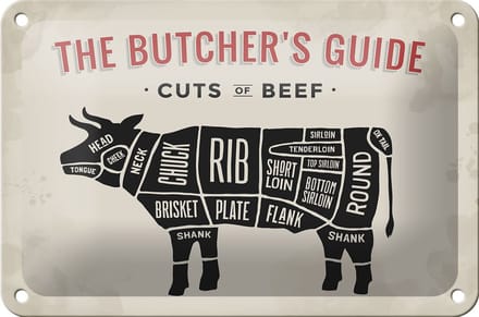 Blechschild Kuh 18x12cm Beef cuts Fleisch Metzgerei