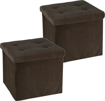 H&S Collection Poef/hocker/krukje - 2x - opbergbox - donkerbruin - fluweel polyester - 38 x 38 cm