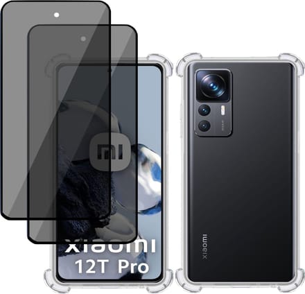 Hoesje + 2x Privé Screenprotector geschikt voor Xiaomi 12T Pro – Privacy Tempered Glass - Case Transparant