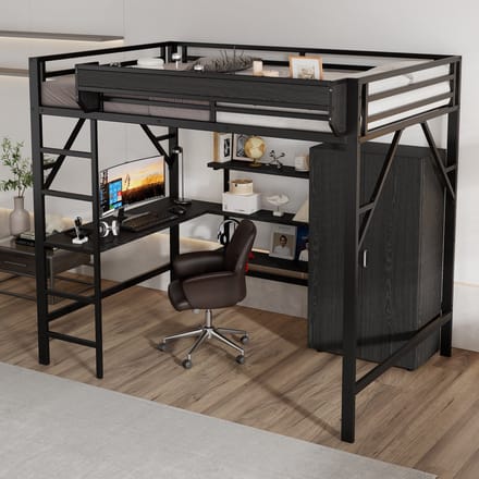 Sweiko Hoogslaper - 140x200cm - Met bureau - Opbergplank - Kledingkast - Metaal + MDF - Zwart