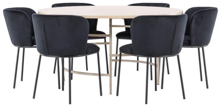 Copenhagen eethoek tafel Ø140cm en 6 stoelen whitewash, zwart.