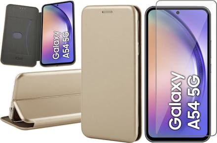 Hoesje geschikt voor Samsung Galaxy A54 - Screen Protector GlassGuard - Book Case Kunstleer ThinShield Goud & Screenprotector