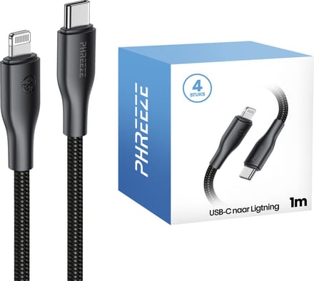 Kabel geschikt voor iPhone met Lightning naar usb C - 4 pack - 1 meter - Zwart - Phreeze