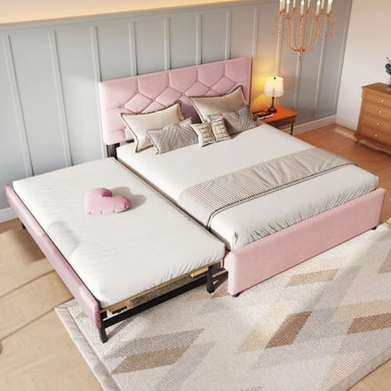 Sweiko Gestoffeerd bed - 140x200cm - Met uitschuifbaar bed - Zonder matras - Velvet - Roze