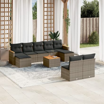 vidaXL - 10-delige - Loungeset - met - kussens - poly - rattan - grijs
