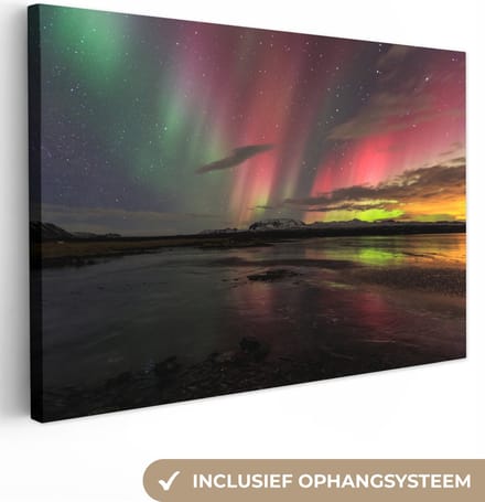Canvas Schilderij Noorderlicht - IJsland - Kleuren - 30x20 cm - Wanddecoratie