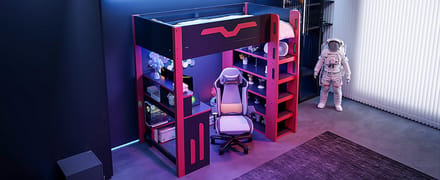 Hoogslaper 90x200 met Bureau en Opbergruimte - Zwart-Rood - LED