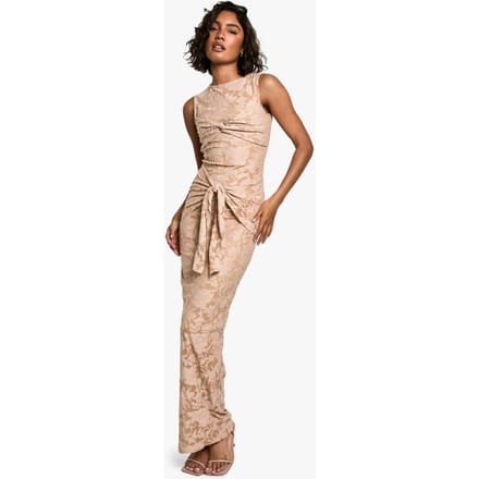 boohoo Dames Lange Burnout Bloemen Tie Twist Maxi-jurk | Camel | Maat: 36