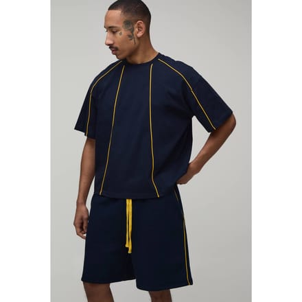 Oversized Boxy T-shirt & Baggy Short Set Met Contrasterende Biesjes | Navy | Size Medium