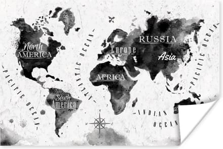 Poster Wereldkaart - Waterverf - Zwart - Wit - 30x20 cm