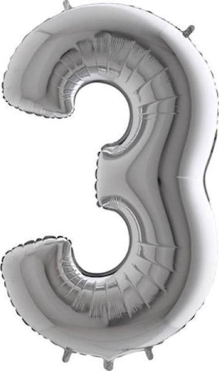 Folieballon - Cijfer 3  - zilver - Grabo Balloons -66cm
