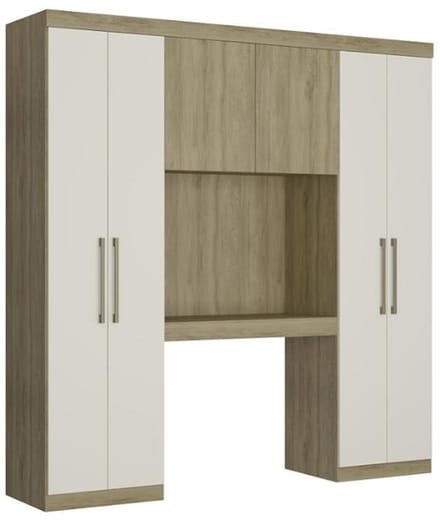 Vente-unique Opklapbed ANTERO - 6 deuren - Met kasten en opbergruimtes - L200 cm - Eik & Ivoor
