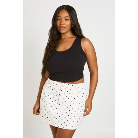 boohoo Dames Plus Polkadot Denim Minirok | Zwart Wit | Maat: 54