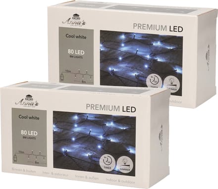 Anna's Collection Kerstverlichting - Set van 2x stuks - 80 leds - helder wit - 8 meter - lichtsnoer - dimmer - timer - IP44