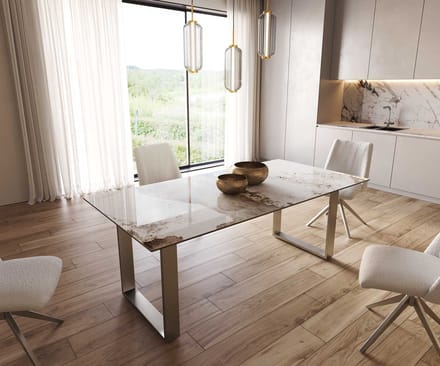 Eetkamertafel Edge keramiek Minas Melange wit-beige 200x100 RVS Schmal