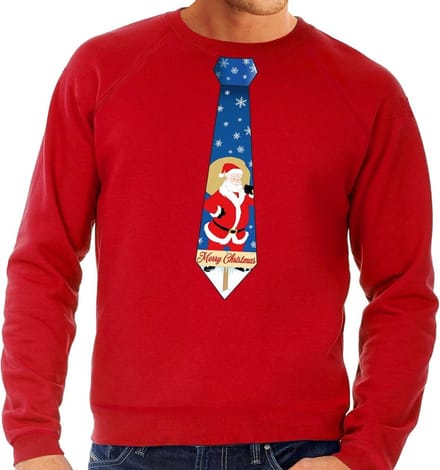 Foute kersttrui / sweater stropdas met kerstman print rood voor heren S