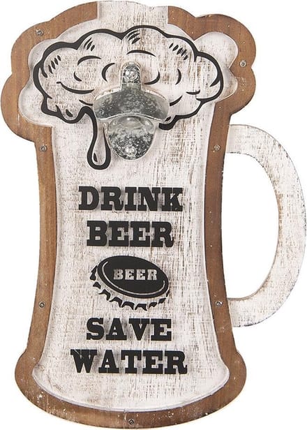 Clayre & Eef Flesopener 26x36 cm Wit Bruin Hout Rechthoek Bieropener