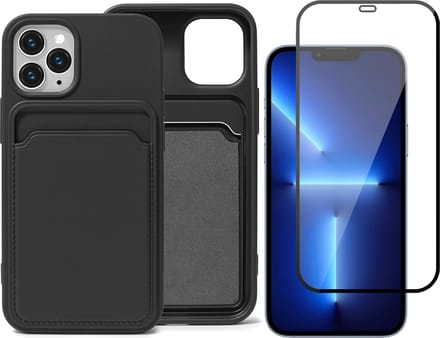Zwart Pasjeshouder Hoesje geschikt voor Apple iPhone 13 Pro Max - Screenprotector Glas - Case met Pasjeshouder