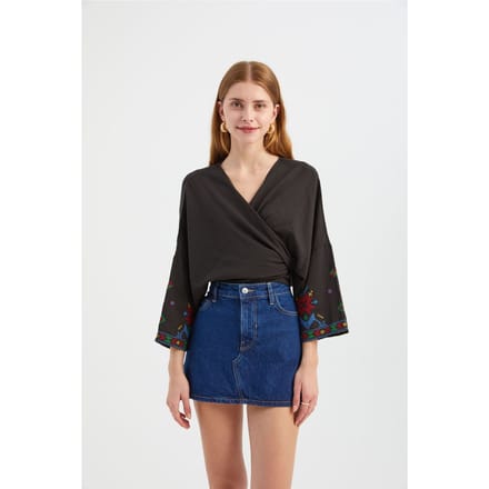 Geborduurde V-Hals Lange Mouwen Boho Blouse