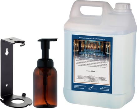 Zeepdispenser 300 ml amber bruin hervulbaar + 5 liter Handzeep Hammam Herbal navulling (inclusief beugel)