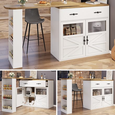Bartafel - 138-204×39×104 cm - 360° Draaibaar met Opbergrekken - Keukeneiland - Wit