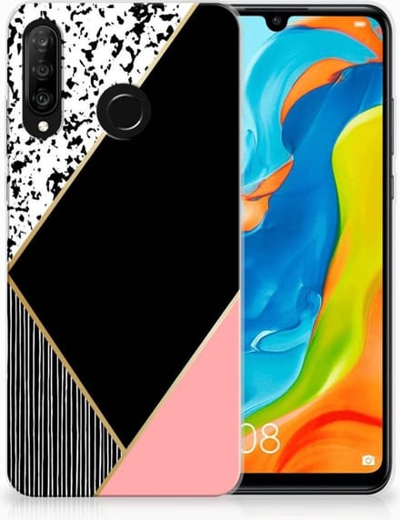 Huawei P30 Lite TPU Hoesje Zwart Roze Vormen