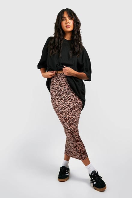 boohoo Dames Leopard Geribde Midaxi Rok | Steen | Maat: 36