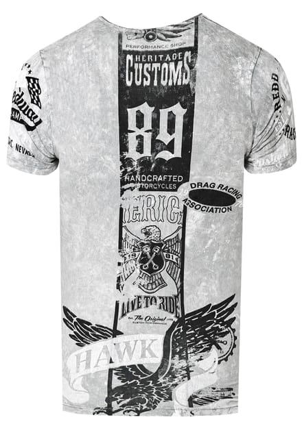 Gewassen biker T-shirt met voor- en achterkant bedrukt