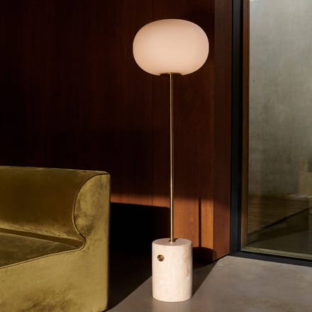 Audo Copenhagen Audo vloerlamp JWDA, messing/beige, travertijn, 150 cm, dimbaar.