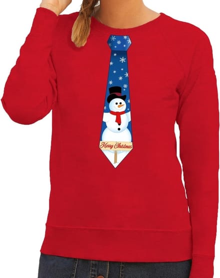 Foute kersttrui / sweater stropdas met sneeuwpop print rood voor dames M