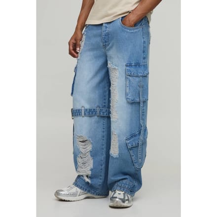 Extreme Gewassen Cargo Band Detail Baggy Jeans | Washed Blue | Size 36R