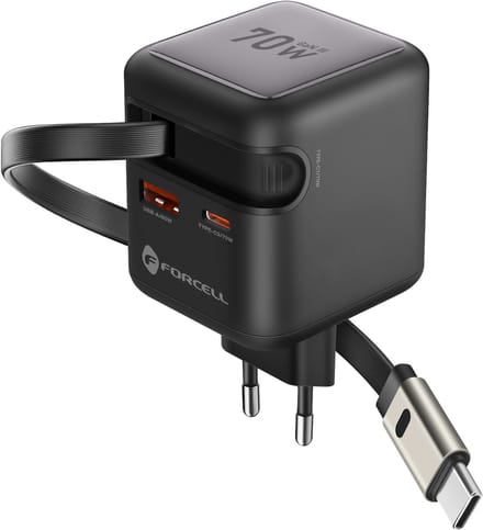 Forcell, GaN III Oplader 70W voor Smartphone & Tablet - USB-C - Met Oprolbare Kabel - Compact, Zwart