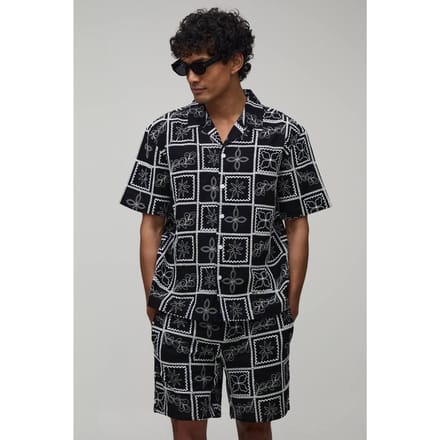 Geborduurd Tegelpatroon Oversized Shirt & Relaxed Short Set | Black | Size Medium