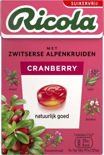 Ricola Keelpastilles Cranberry Suikervrij