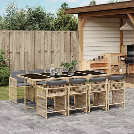 vidaXL - 9-delige - Tuinset - met - kussens - poly - rattan - gemengd - beige