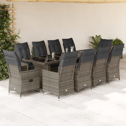 vidaXL - 11-delige - Bistroset - met - kussens - poly - rattan - grijs