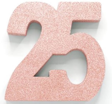 Tafeldecoratie verjaardag 25 rosegoud.