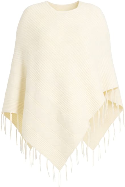 MIAMODA - Dames - Poncho oversized fijn breisel kabelpatroon franjes - Off-white - Maat 3+