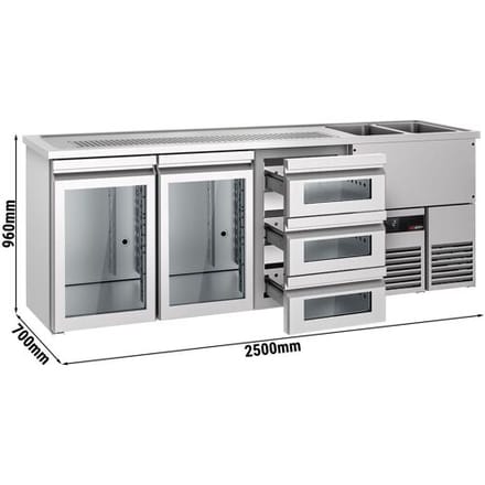 GGM Gastro Bierkoeling PREMIUM - 2500x700mm - 2 glazen deuren & 3 laden zilver