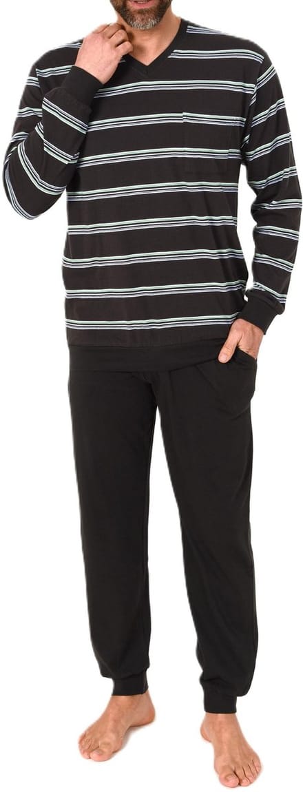 Lange Normann herenpyjama met manchetten in een gestreepte look - ook in grote maten