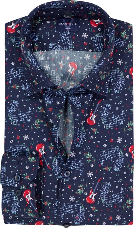 MARVELIS Casual modern fit Kerst overhemd - popeline - donkerblauw Kerst dessin