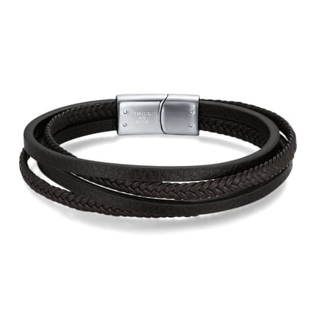 Twice As Nice Armband in edelstaal, 4 rijen bruin leer 21cm