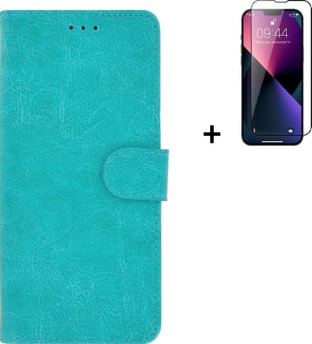 Geschikt voor iPhone 13 Pro Max Hoesje + iPhone 13 Pro Max Screenprotector - iPhone 13 Pro Max Hoes Wallet Bookcase Turquoise + Full Tempered Glass