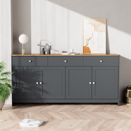 Dressoir - 4 Deuren en 3 Lades - Houtlook - Woon- en Eetkamer - Grijs/Zwart