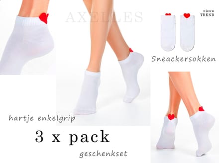 Sneakersokken hartje-grip enkelboord, wit-rood,  3-PAAR SET, maat 36/37 (23)