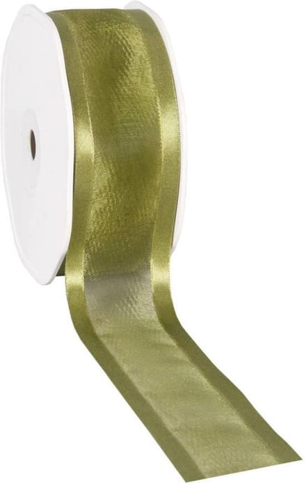 Satin edge Organzalint Olijf – 38 mm × 25 m – Organza