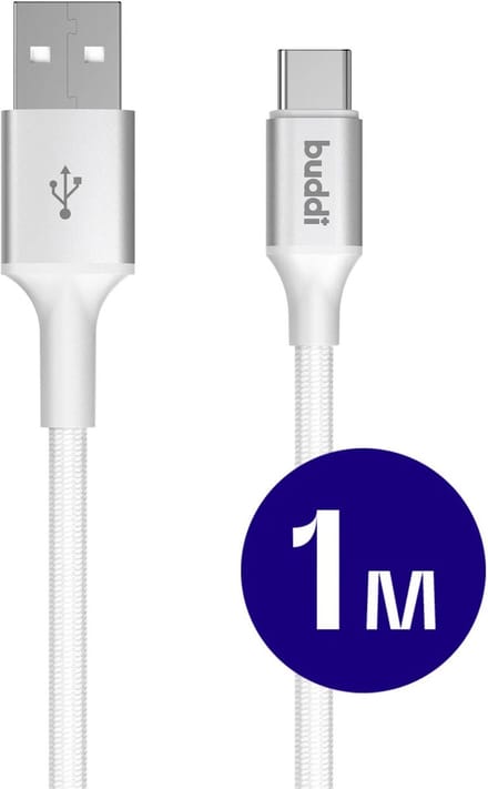 Buddi Flex | USB-A naar USB-C Kabel 12W Fast Charge 5V/2.4A | 480Mbps Dataoverdracht | Gevlochten Nylon | 1M | 1 Meter | Wit