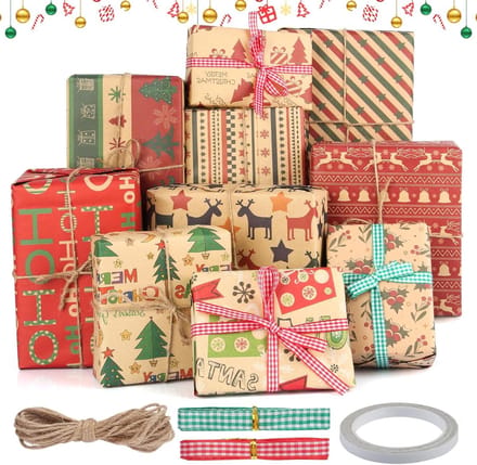 10 Vellen Kerst Cadeaupapier Set Inclusief Extra's - Groot Formaat Kraftpapier