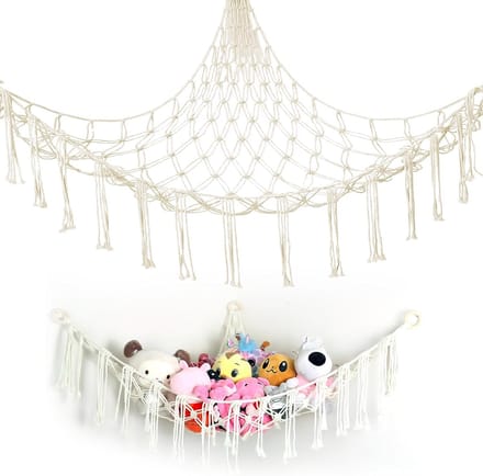 Famanu – Hangend knuffeldier opbergnet – Boho macramé stijl – Voor kinderkamer en speelgoedopslag